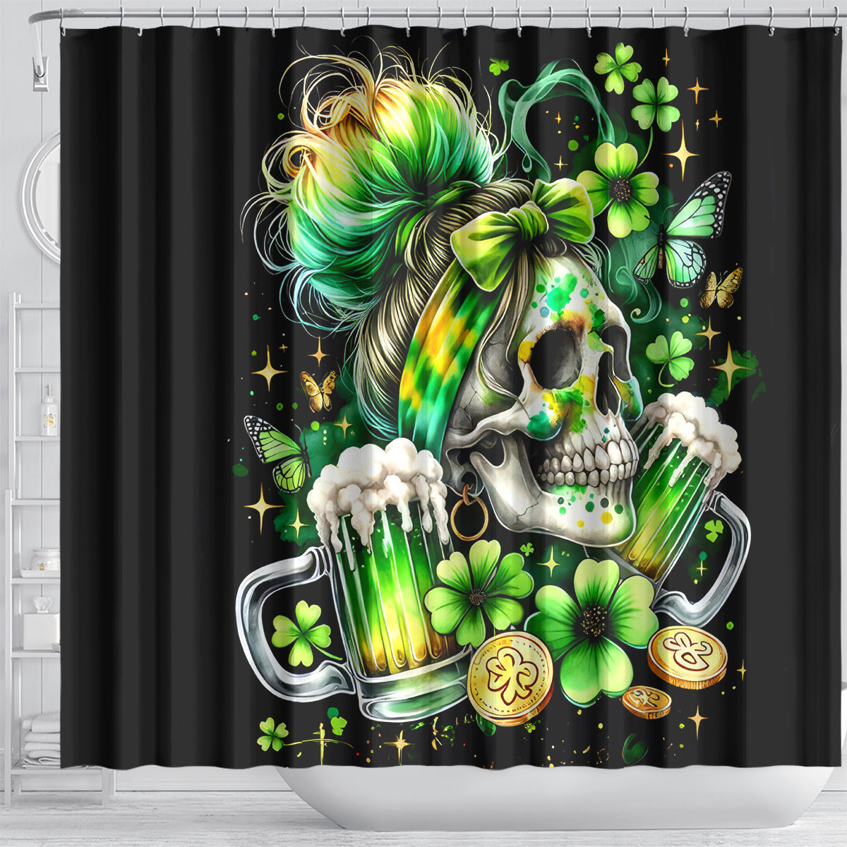 Irish Skull Shower Curtain Drink Up Bitches