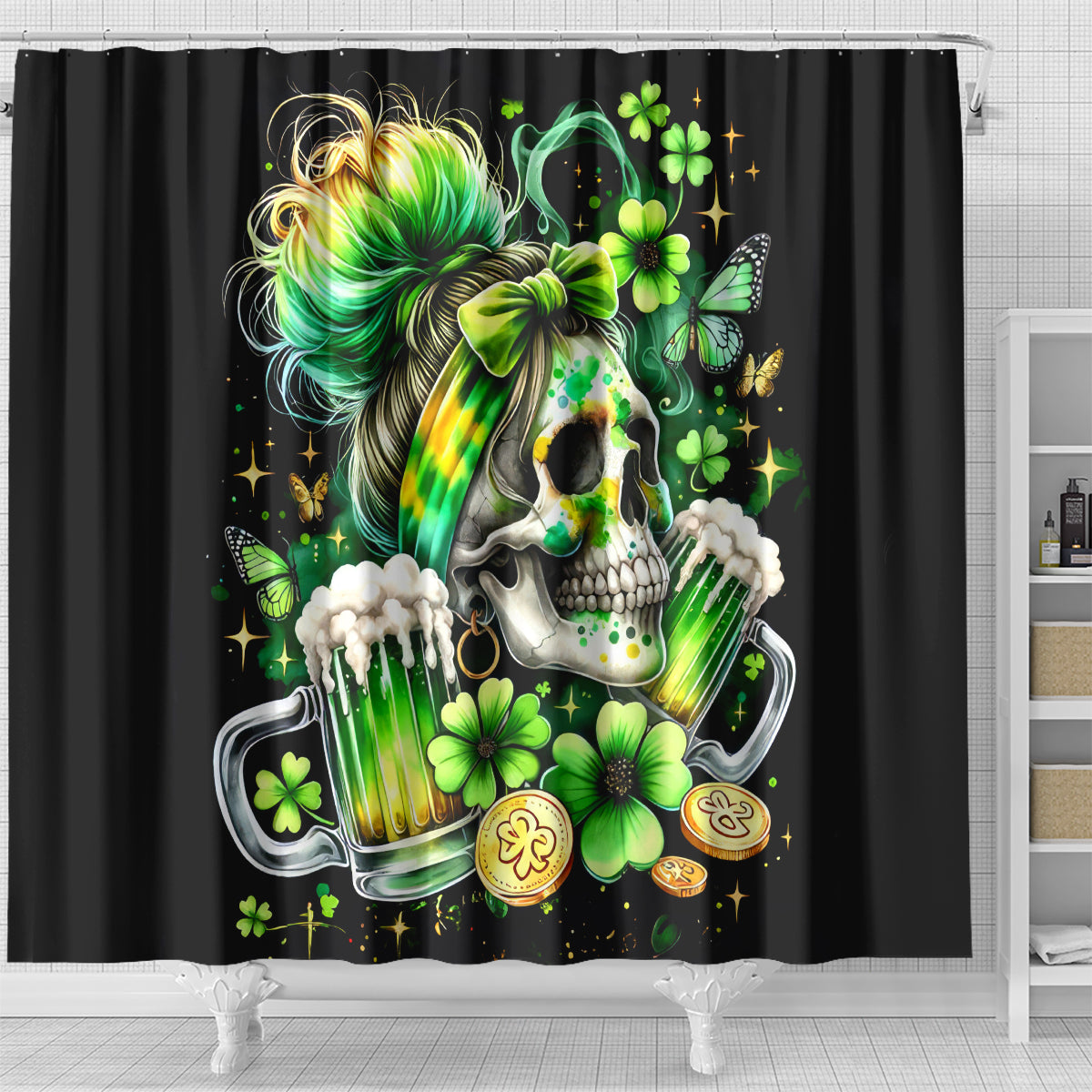 Irish Skull Shower Curtain Drink Up Bitches