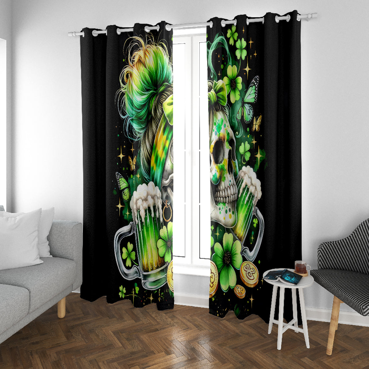 Irish Skull Window Curtain Drink Up Bitches - Wonder Print Shop
