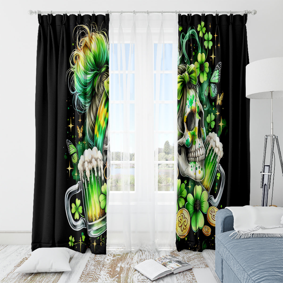 Irish Skull Window Curtain Drink Up Bitches - Wonder Print Shop