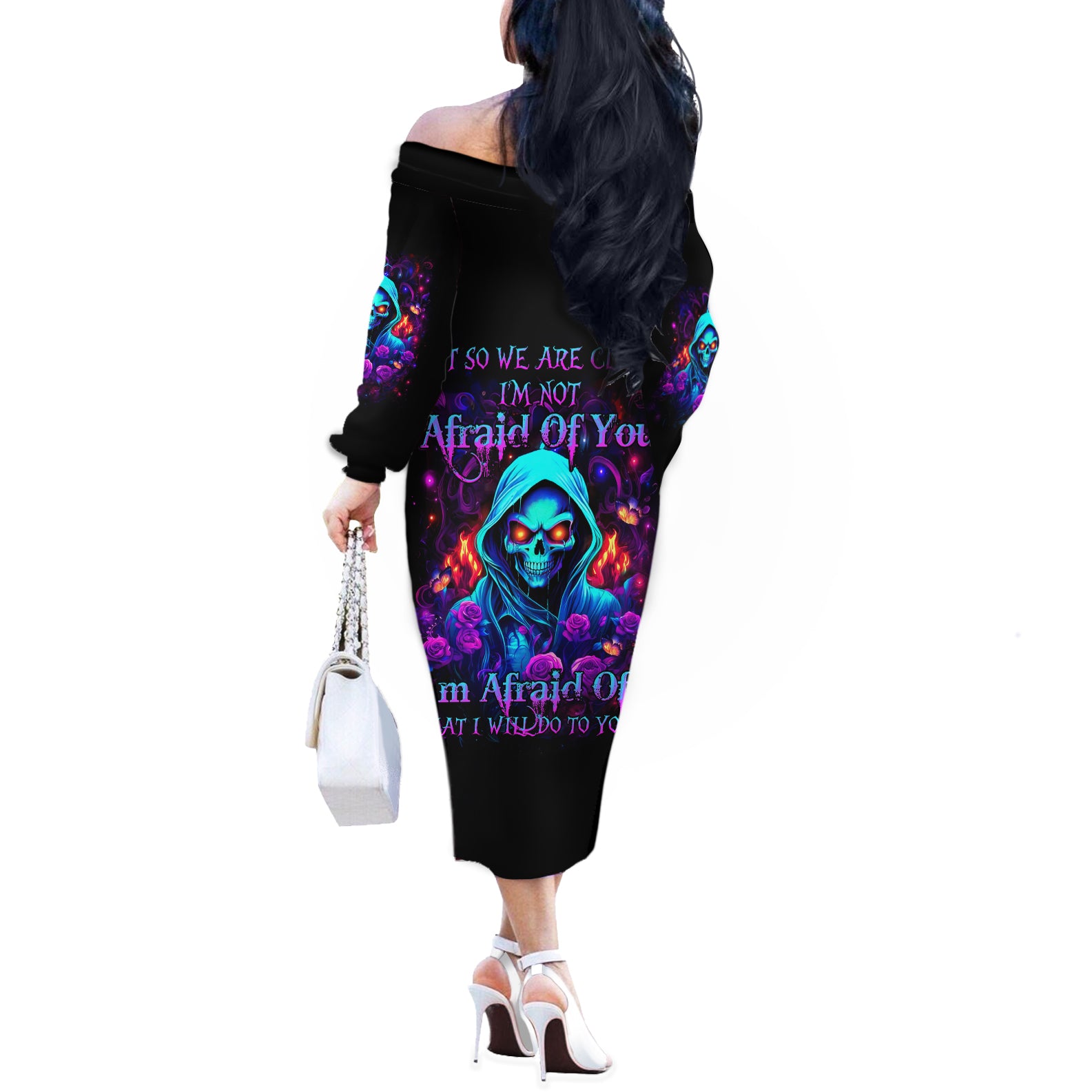 Rose Skull Off The Shoulder Long Sleeve Dress Just So We Are Clear I'm Not Afraid Of You - Wonder Print Shop