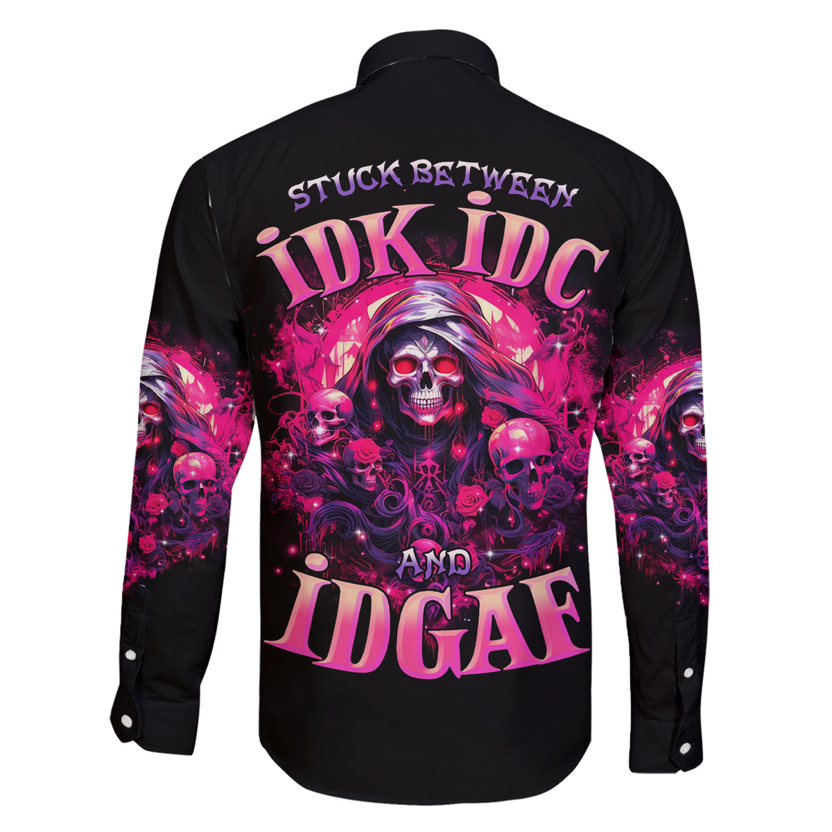 Rose Skull Family Matching Long Sleeve Bodycon Dress and Hawaiian Shirt Stuck Between IDK IDC And IDGAF - Wonder Print Shop