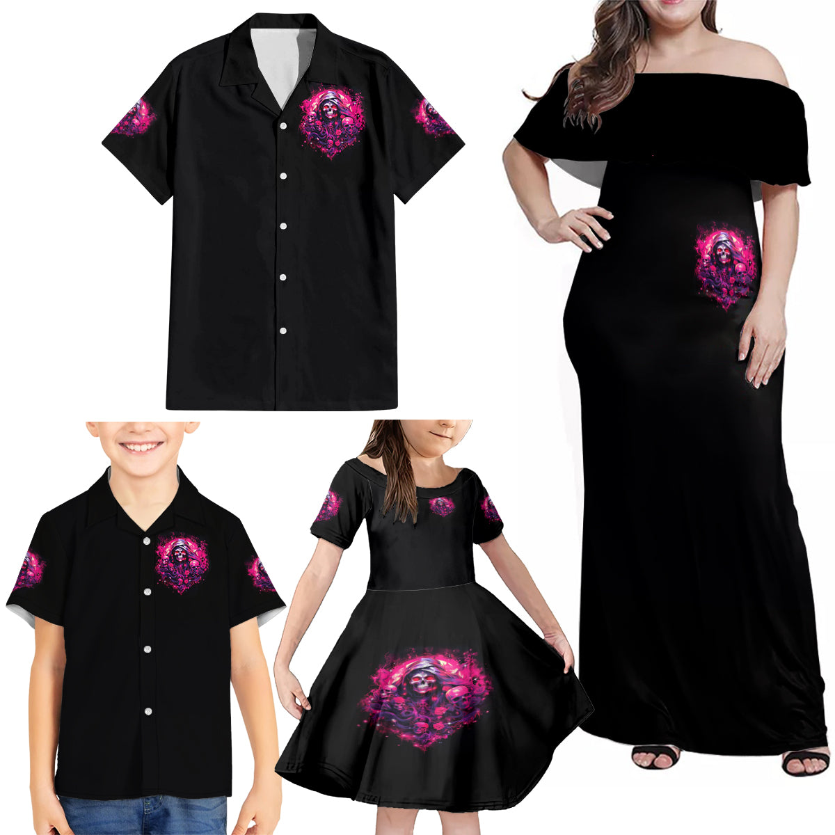 Rose Skull Family Matching Off Shoulder Maxi Dress and Hawaiian Shirt Stuck Between IDK IDC And IDGAF - Wonder Print Shop