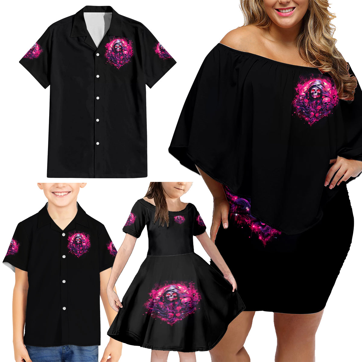 Rose Skull Family Matching Off Shoulder Short Dress and Hawaiian Shirt Stuck Between IDK IDC And IDGAF - Wonder Print Shop