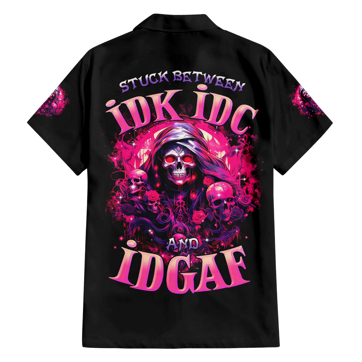 Rose Skull Family Matching Off Shoulder Short Dress and Hawaiian Shirt Stuck Between IDK IDC And IDGAF - Wonder Print Shop