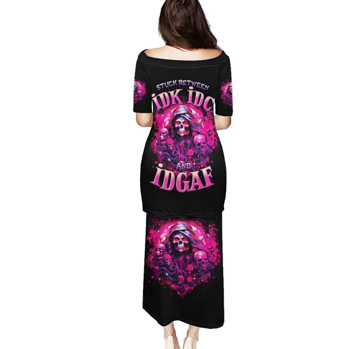 Rose Skull Family Matching Puletasi and Hawaiian Shirt Stuck Between IDK IDC And IDGAF - Wonder Print Shop