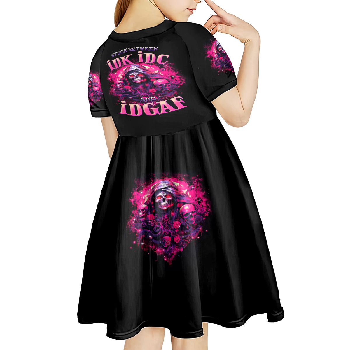 Rose Skull Kid Short Sleeve Dress Stuck Between IDK IDC And IDGAF - Wonder Print Shop