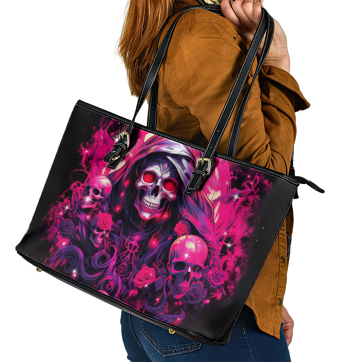 Rose Skull Leather Tote Bag Stuck Between IDK IDC And IDGAF - Wonder Print Shop
