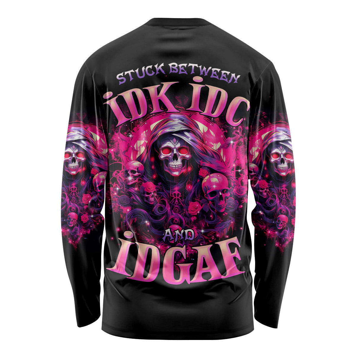 Rose Skull Long Sleeve Shirt Stuck Between IDK IDC And IDGAF - Wonder Print Shop