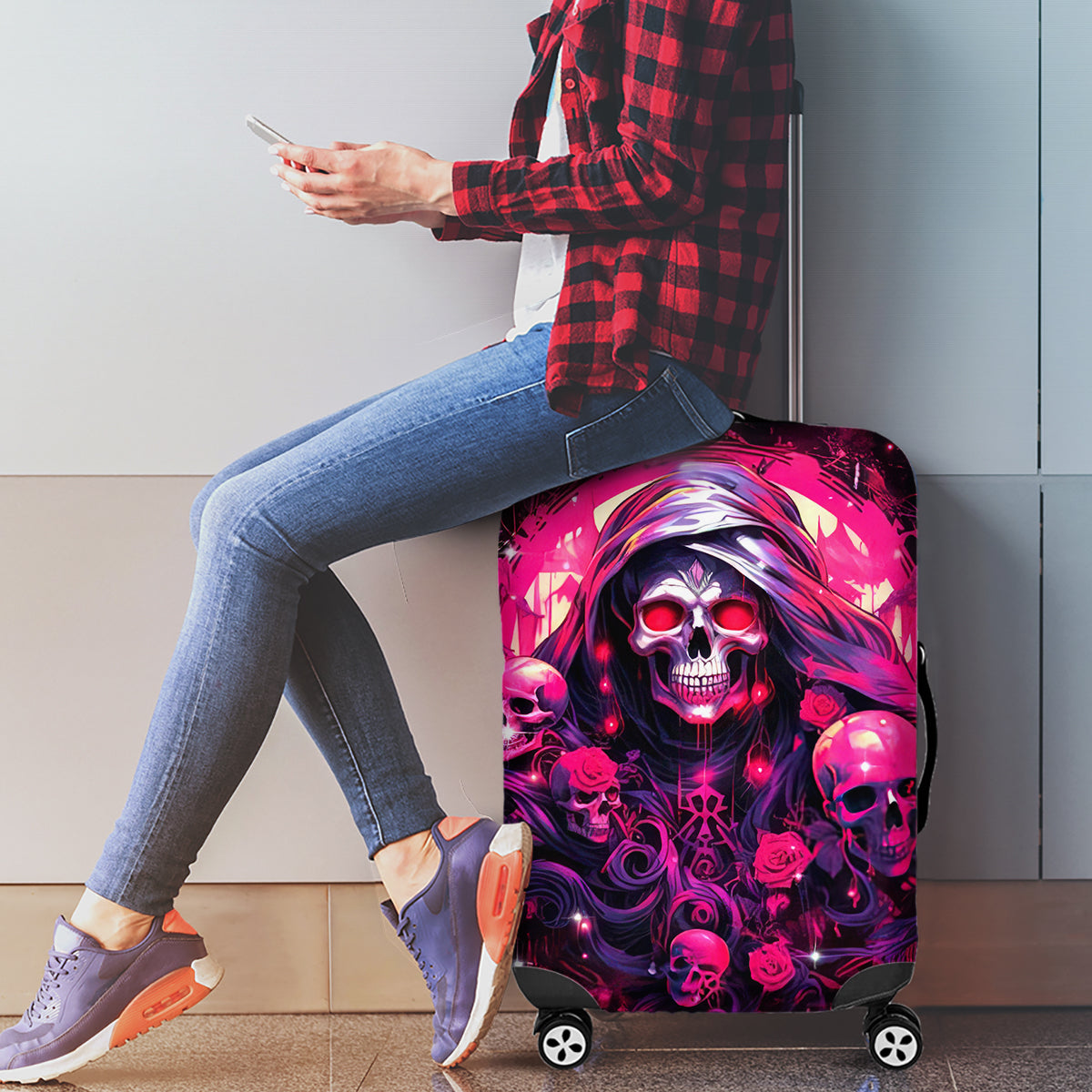 Rose Skull Luggage Cover Stuck Between IDK IDC And IDGAF - Wonder Print Shop