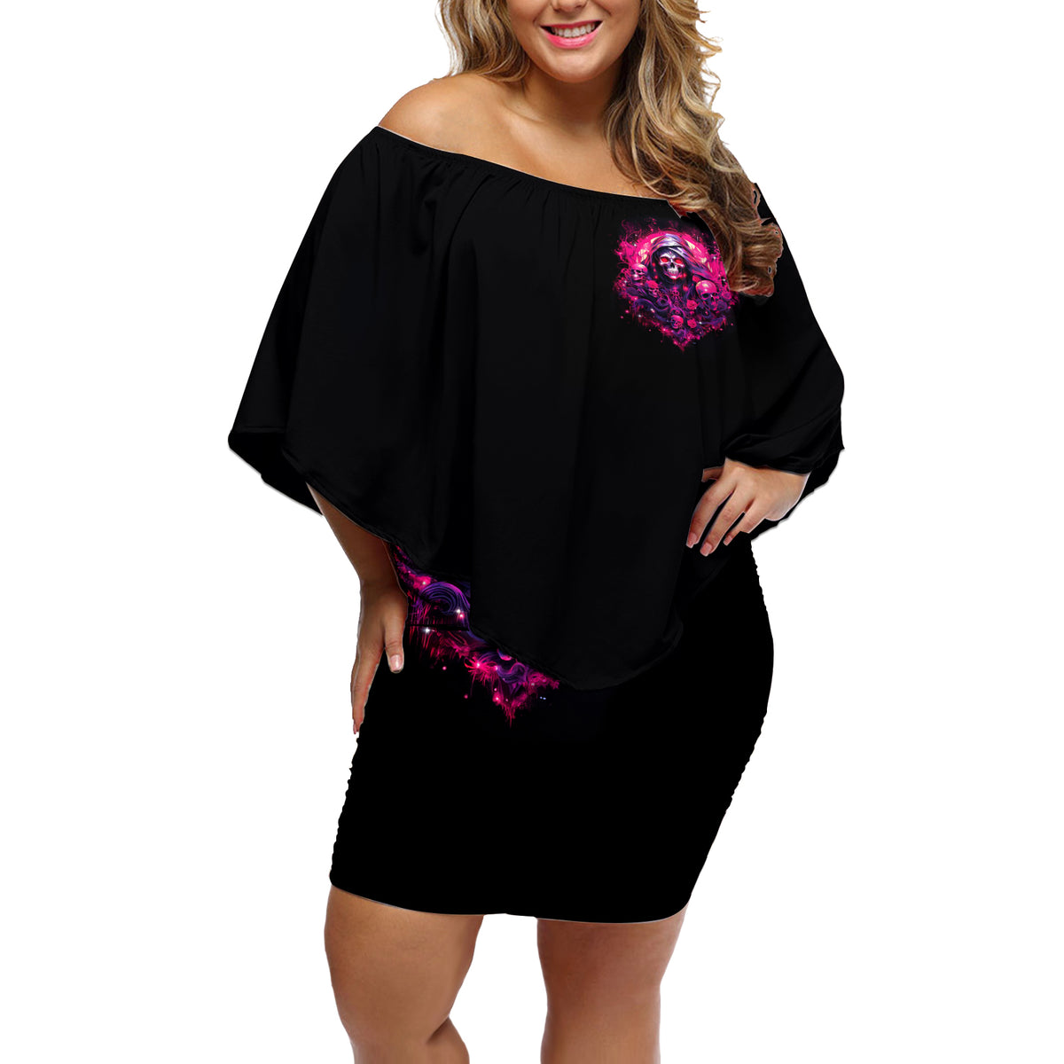 Rose Skull Off Shoulder Short Dress Stuck Between IDK IDC And IDGAF - Wonder Print Shop