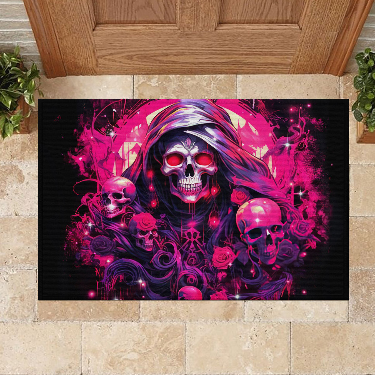 Rose Skull Rubber Doormat Stuck Between IDK IDC And IDGAF - Wonder Print Shop