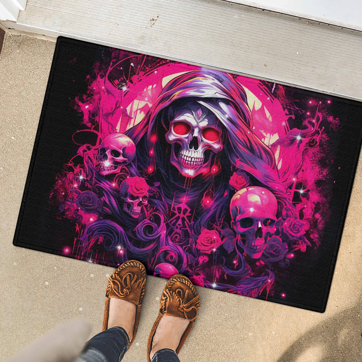 Rose Skull Rubber Doormat Stuck Between IDK IDC And IDGAF - Wonder Print Shop