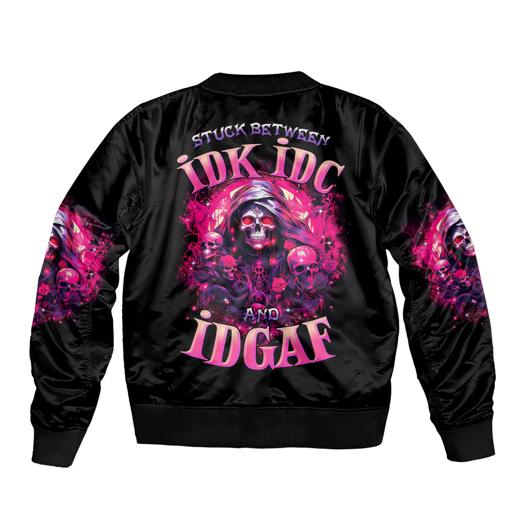 Rose Skull Sleeve Zip Bomber Jacket Stuck Between IDK IDC And IDGAF - Wonder Print Shop