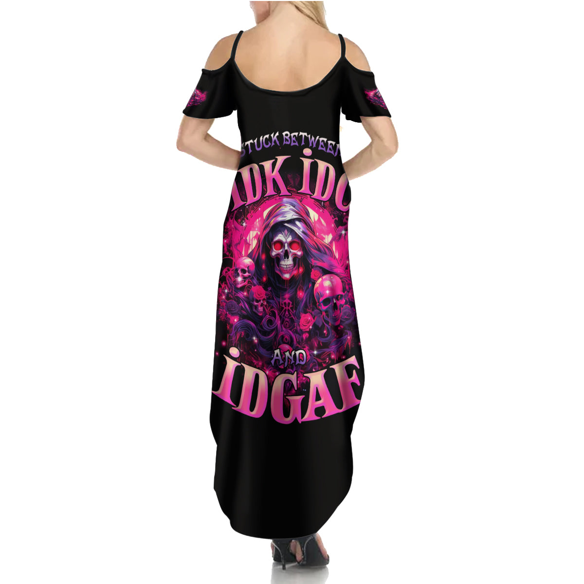 Rose Skull Summer Maxi Dress Stuck Between IDK IDC And IDGAF - Wonder Print Shop