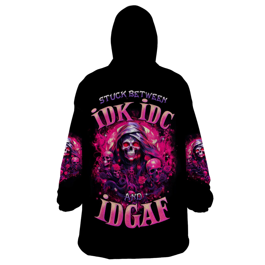 Rose Skull Wearable Blanket Hoodie Stuck Between IDK IDC And IDGAF - Wonder Print Shop