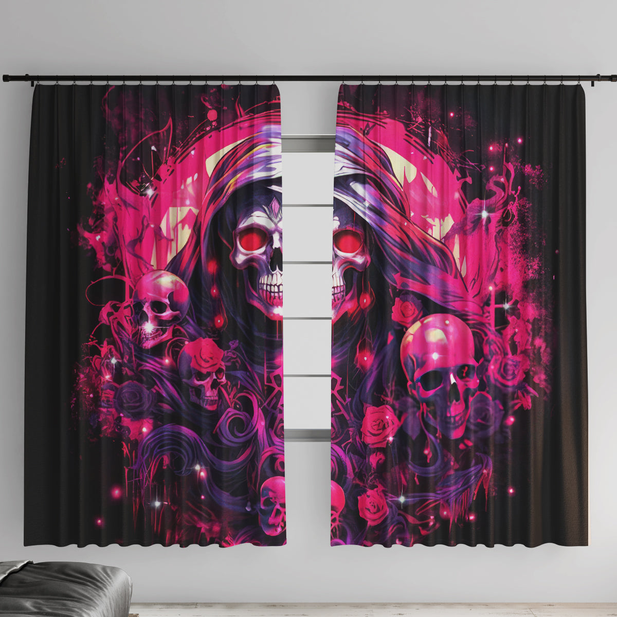 Rose Skull Window Curtain Stuck Between IDK IDC And IDGAF - Wonder Print Shop