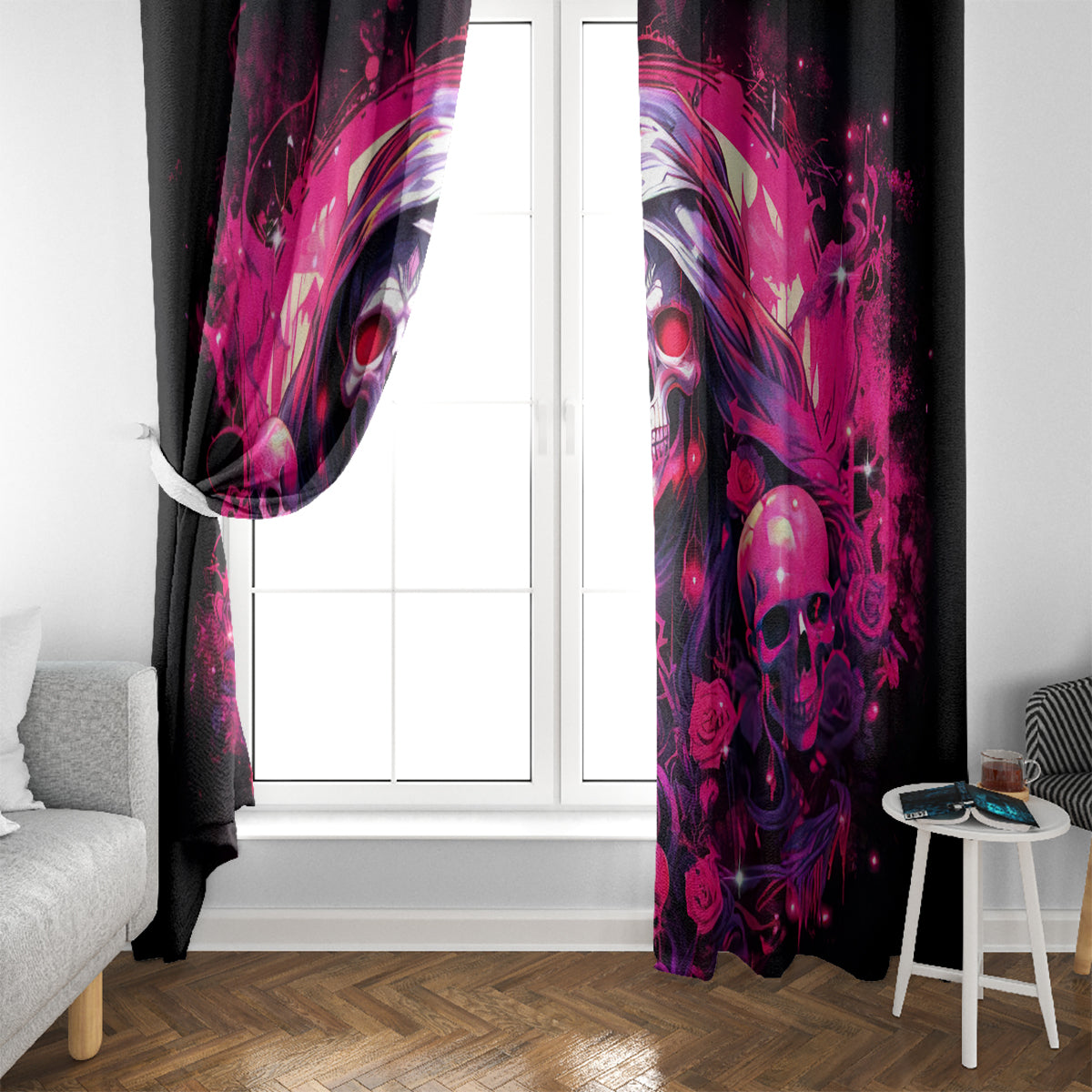 Rose Skull Window Curtain Stuck Between IDK IDC And IDGAF - Wonder Print Shop