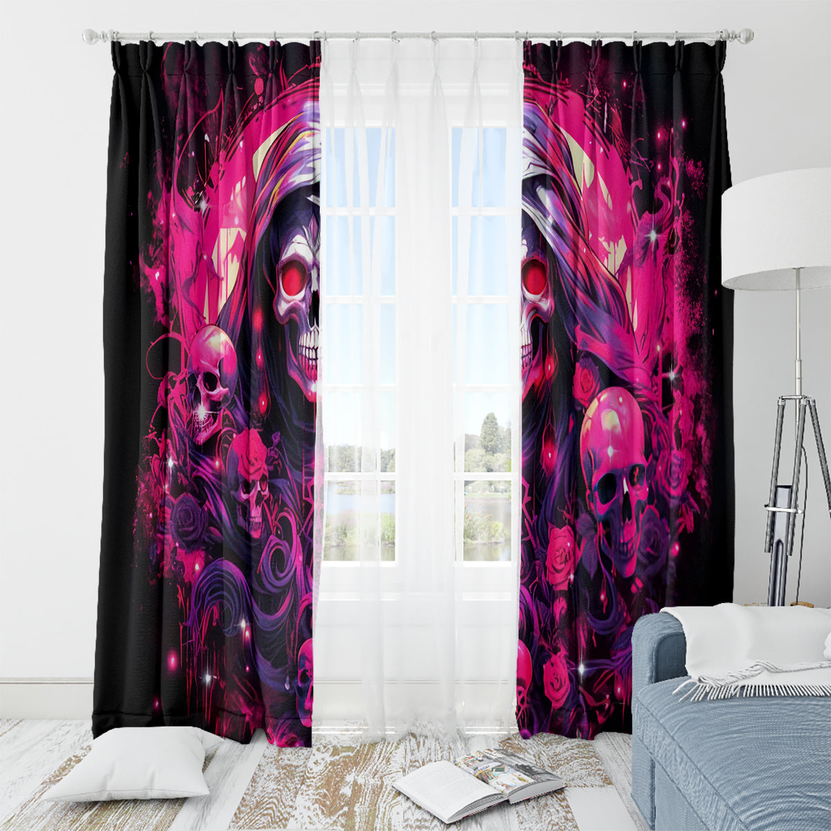 Rose Skull Window Curtain Stuck Between IDK IDC And IDGAF - Wonder Print Shop
