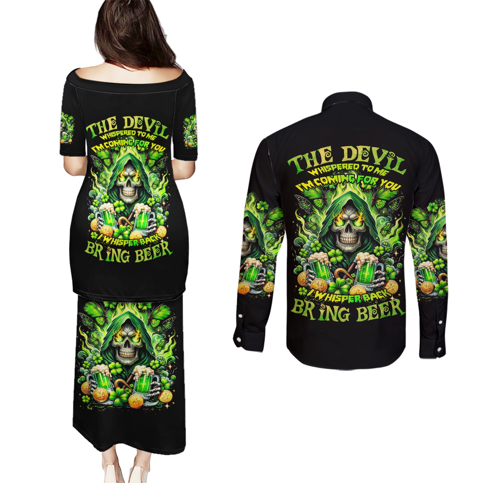 Irish Skull Couples Matching Puletasi and Long Sleeve Button Shirt The Devil Whispered To Me I'm Coming For You - Wonder Print Shop