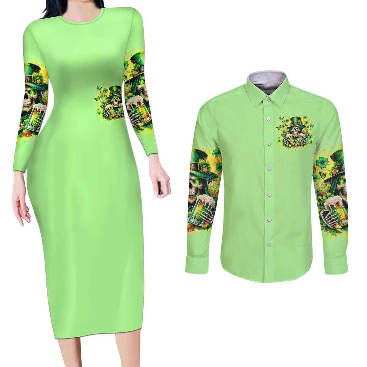 Irish Skull Couples Matching Long Sleeve Bodycon Dress and Long Sleeve Button Shirt The Devil Whispered To Me I'm Coming For You - Wonder Print Shop