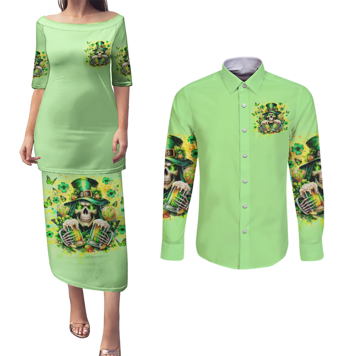 Irish Skull Couples Matching Puletasi and Long Sleeve Button Shirt The Devil Whispered To Me I'm Coming For You - Wonder Print Shop