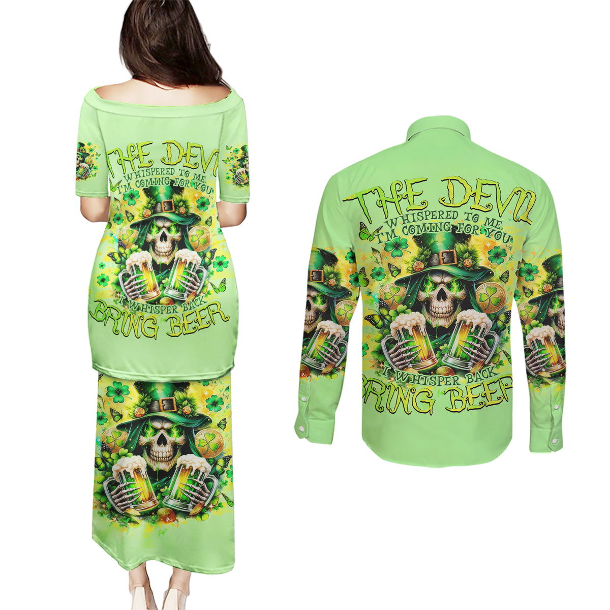 Irish Skull Couples Matching Puletasi and Long Sleeve Button Shirt The Devil Whispered To Me I'm Coming For You - Wonder Print Shop