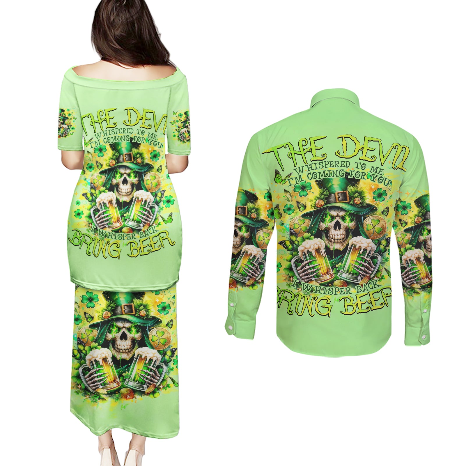 Irish Skull Couples Matching Puletasi and Long Sleeve Button Shirt The Devil Whispered To Me I'm Coming For You - Wonder Print Shop