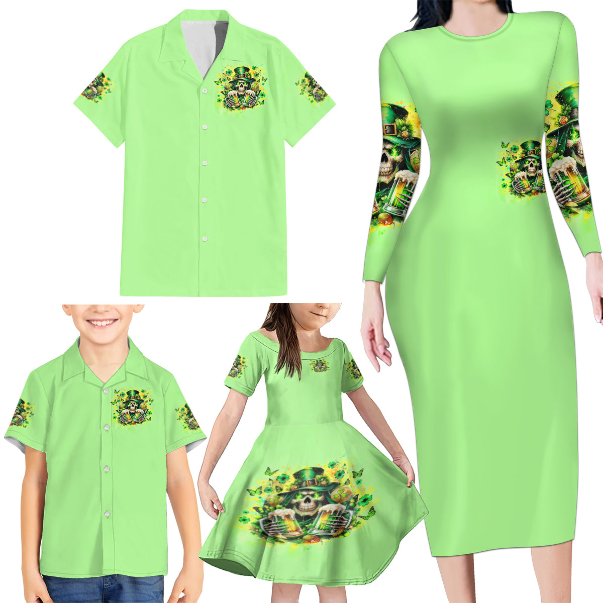 Irish Skull Family Matching Long Sleeve Bodycon Dress and Hawaiian Shirt The Devil Whispered To Me I'm Coming For You - Wonder Print Shop