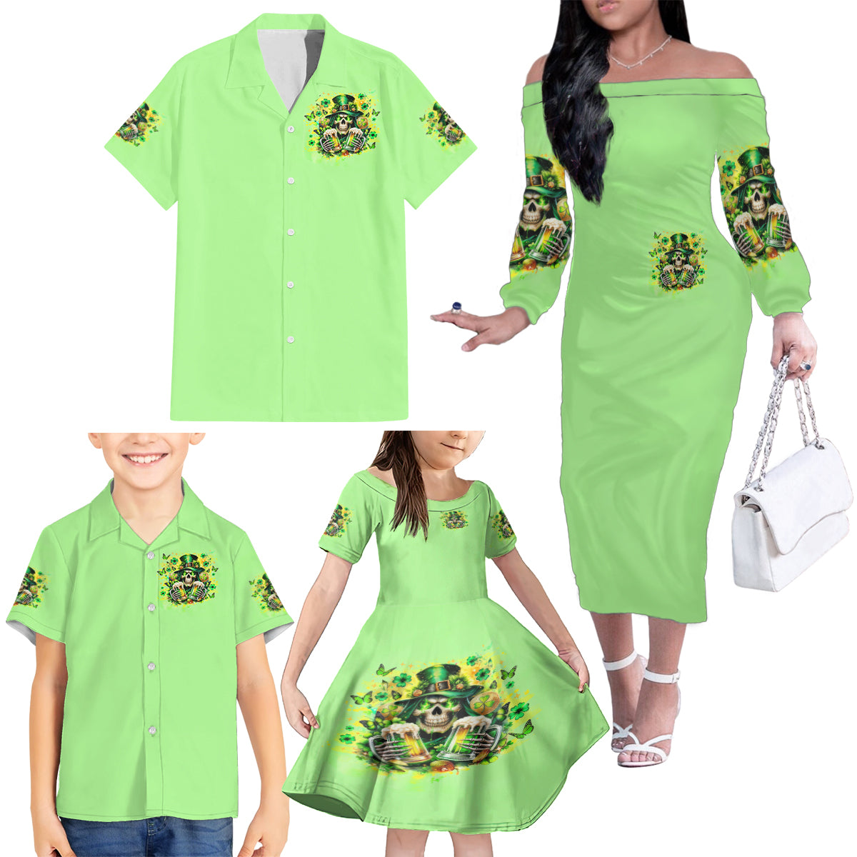 Irish Skull Family Matching Off Shoulder Long Sleeve Dress and Hawaiian Shirt The Devil Whispered To Me I'm Coming For You - Wonder Print Shop