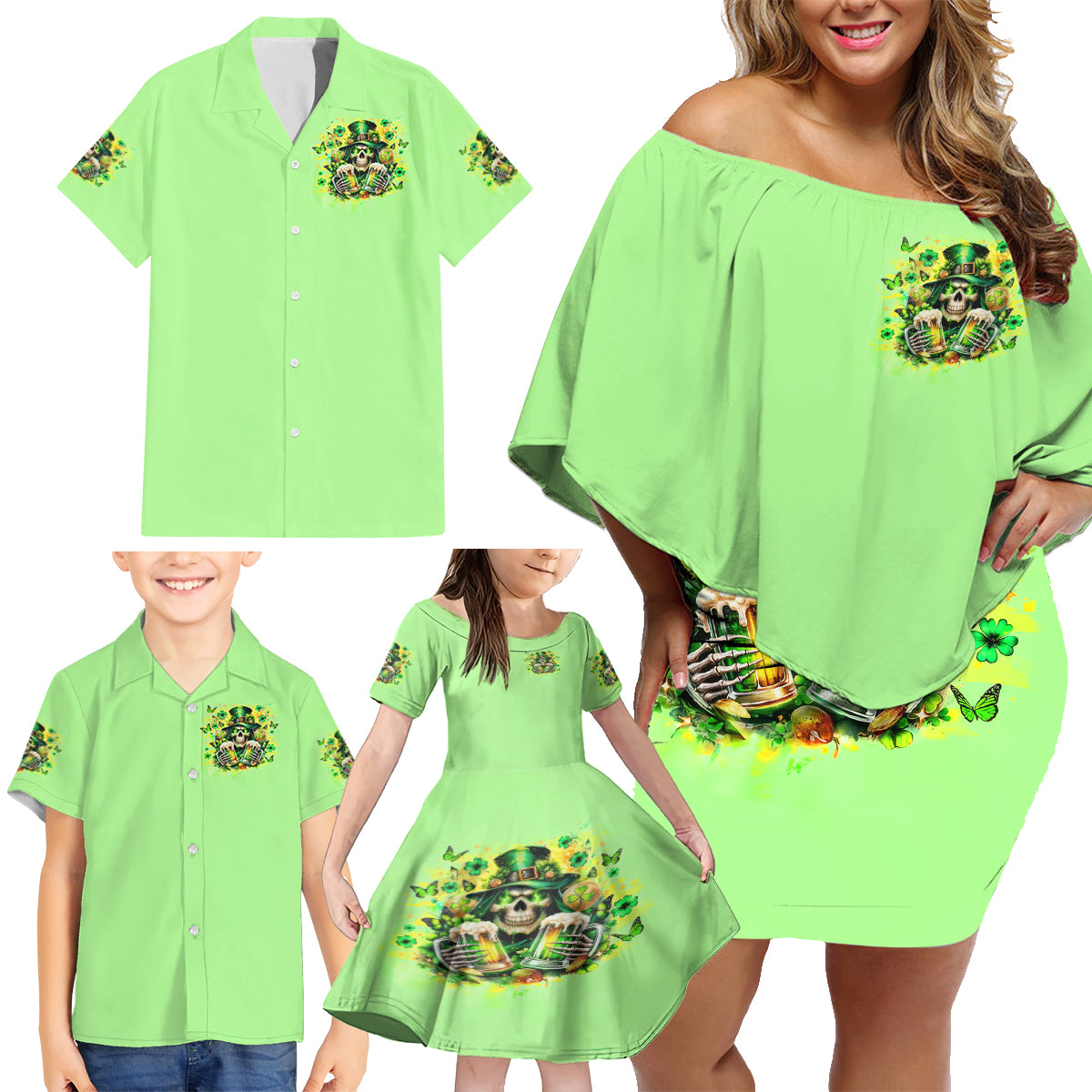 Irish Skull Family Matching Off Shoulder Short Dress and Hawaiian Shirt The Devil Whispered To Me I'm Coming For You - Wonder Print Shop