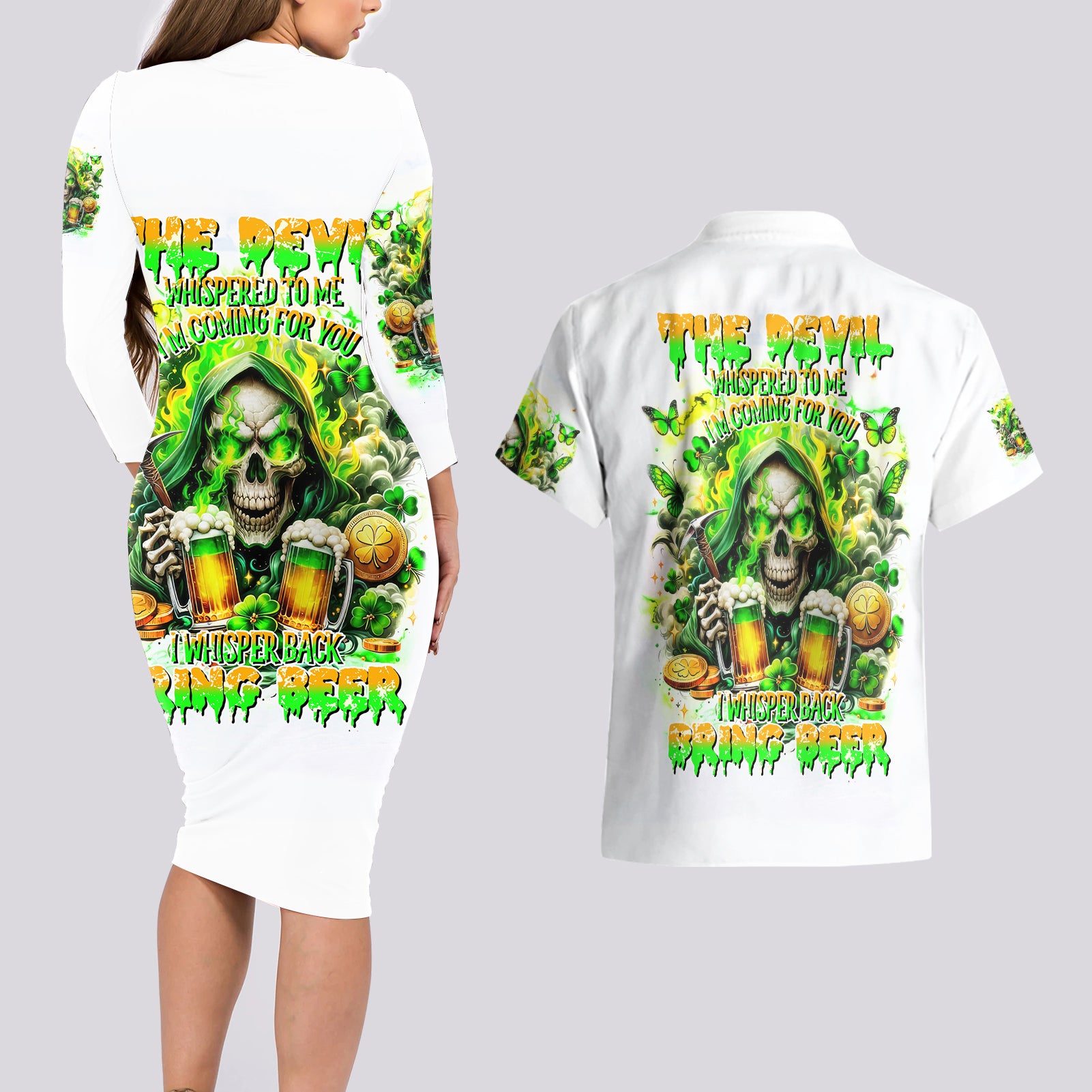 Irish Skull Couples Matching Long Sleeve Bodycon Dress and Hawaiian Shirt I Whisper Back Bring Beer - Wonder Print Shop