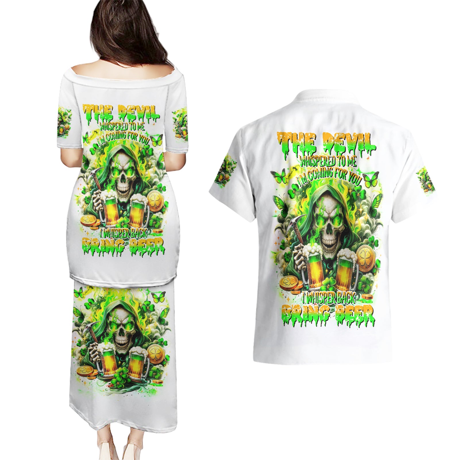 Irish Skull Couples Matching Puletasi and Hawaiian Shirt I Whisper Back Bring Beer - Wonder Print Shop