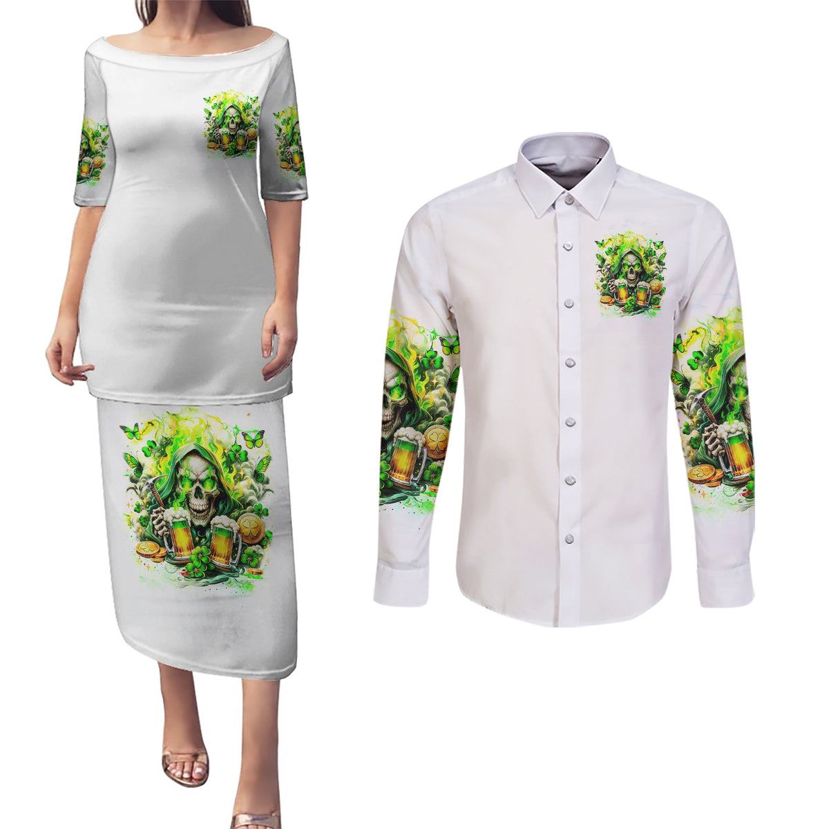 Irish Skull Couples Matching Puletasi and Long Sleeve Button Shirt I Whisper Back Bring Beer - Wonder Print Shop