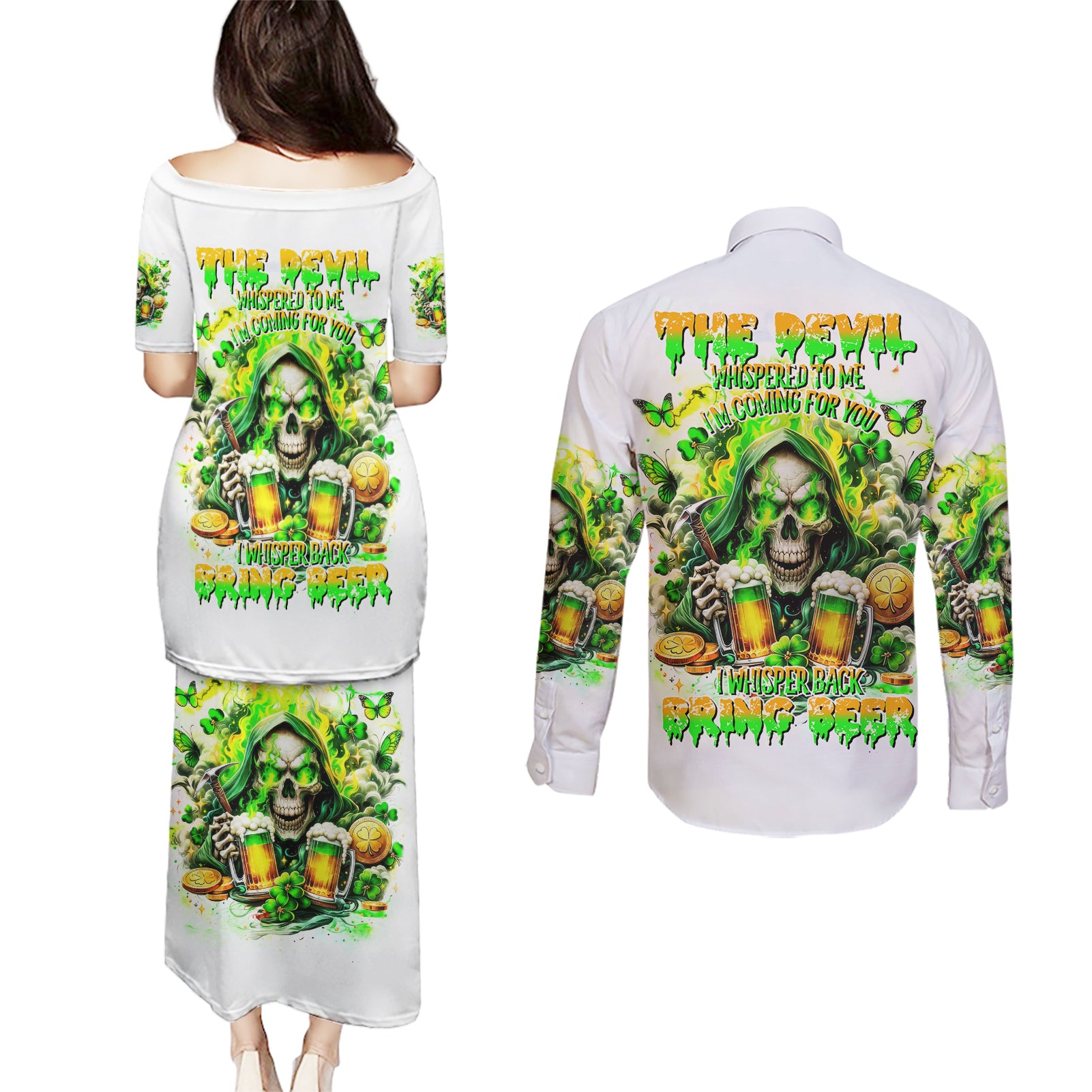 Irish Skull Couples Matching Puletasi and Long Sleeve Button Shirt I Whisper Back Bring Beer - Wonder Print Shop