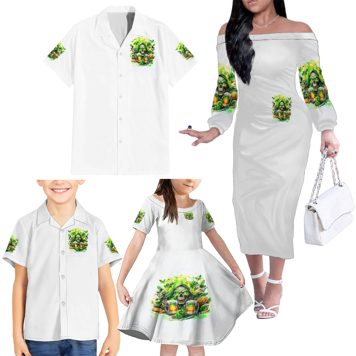Irish Skull Family Matching Off Shoulder Long Sleeve Dress and Hawaiian Shirt I Whisper Back Bring Beer - Wonder Print Shop