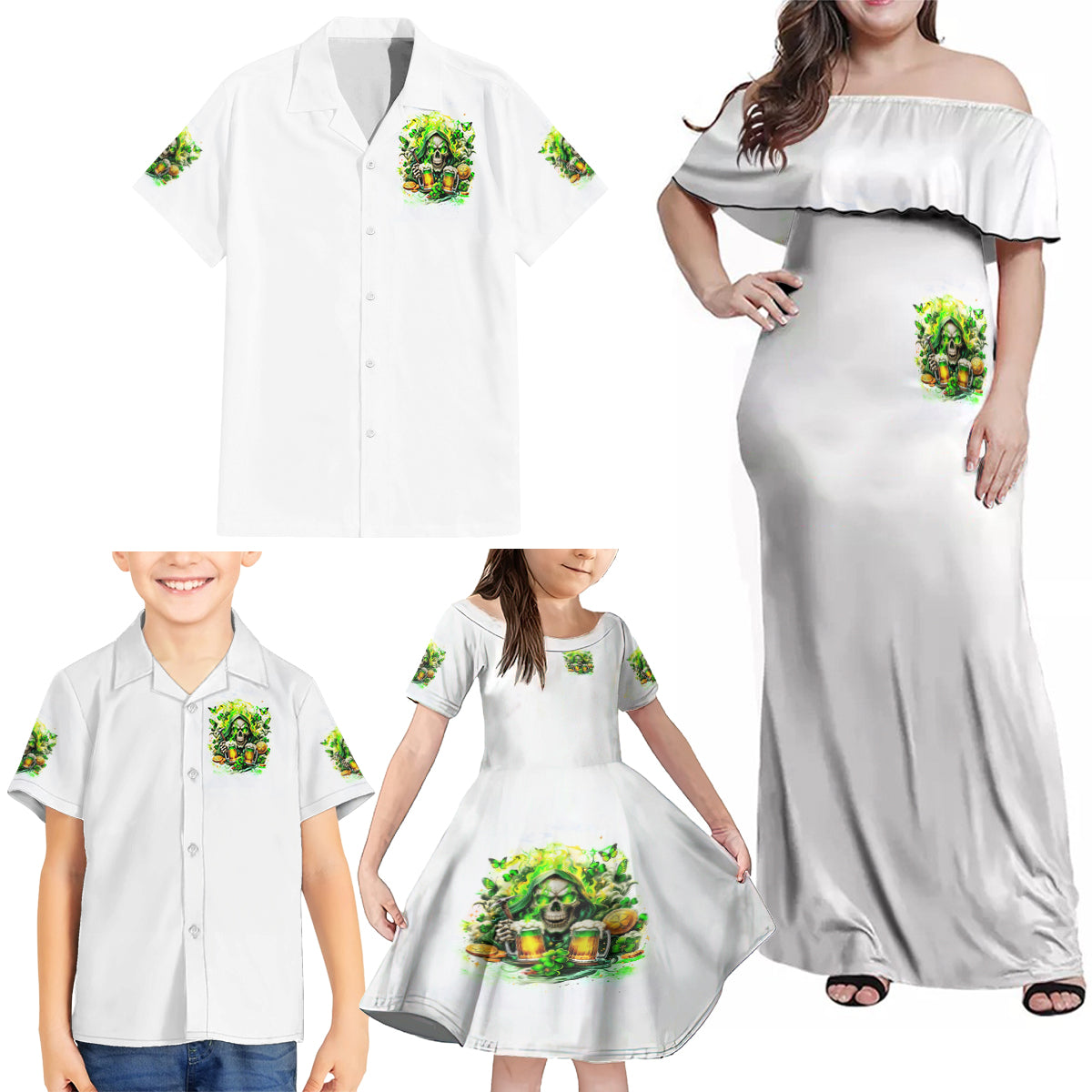 Irish Skull Family Matching Off Shoulder Maxi Dress and Hawaiian Shirt I Whisper Back Bring Beer - Wonder Print Shop