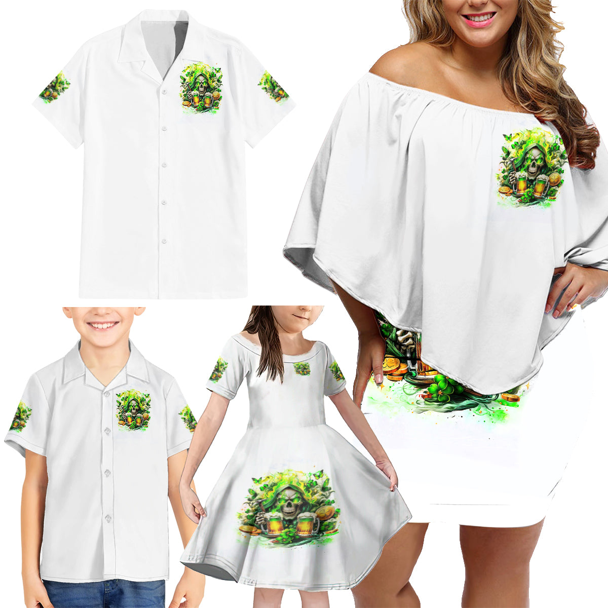 Irish Skull Family Matching Off Shoulder Short Dress and Hawaiian Shirt I Whisper Back Bring Beer - Wonder Print Shop