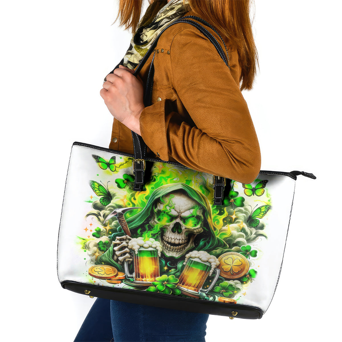Irish Skull Leather Tote Bag I Whisper Back Bring Beer - Wonder Print Shop