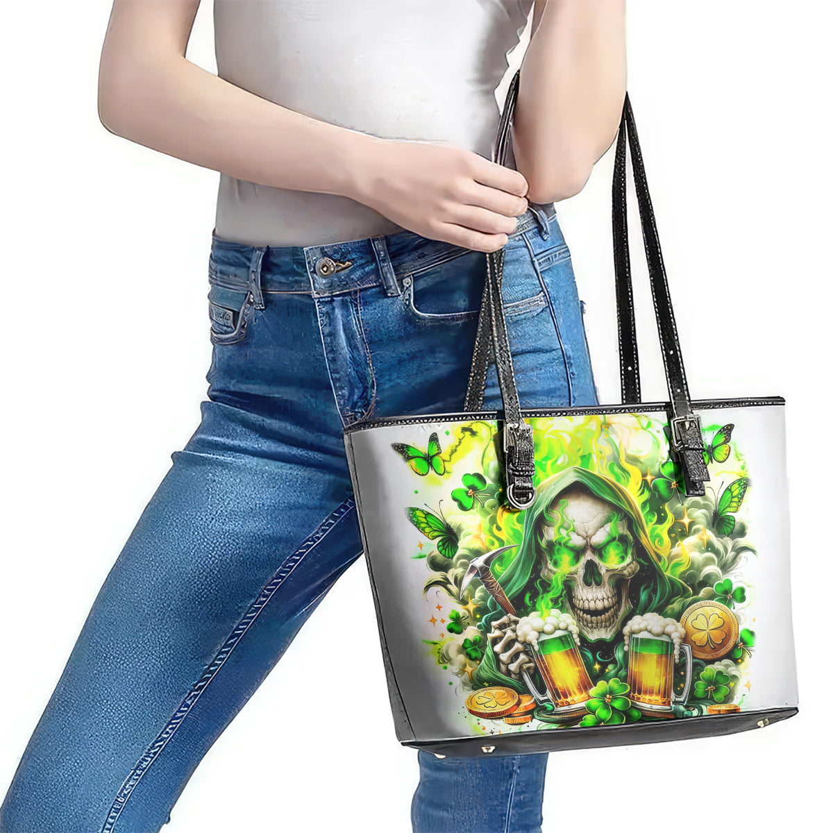 Irish Skull Leather Tote Bag I Whisper Back Bring Beer - Wonder Print Shop