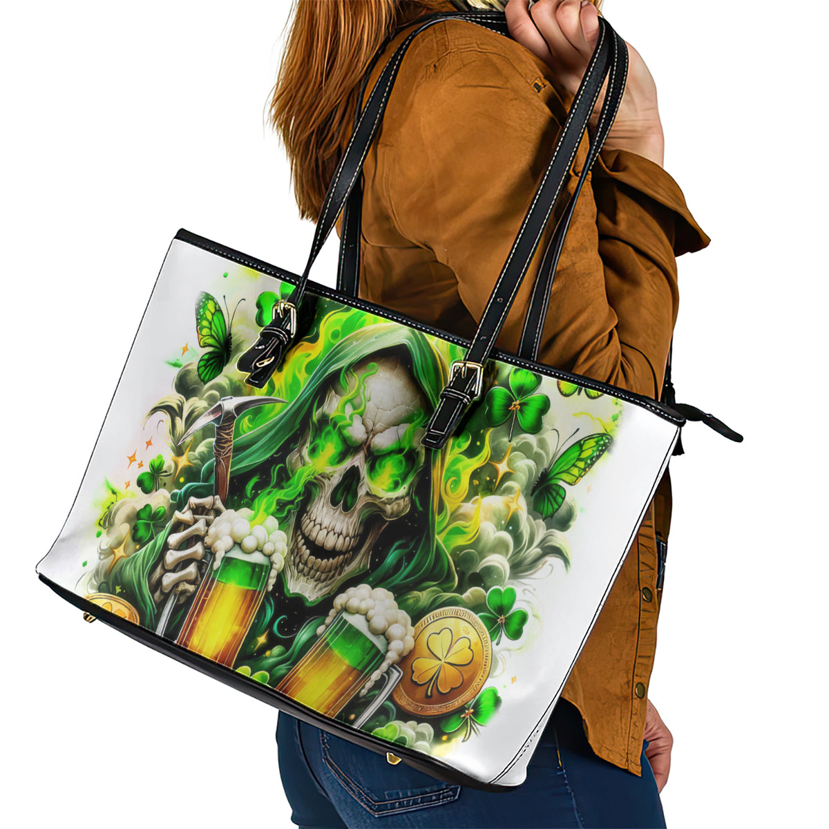 Irish Skull Leather Tote Bag I Whisper Back Bring Beer - Wonder Print Shop