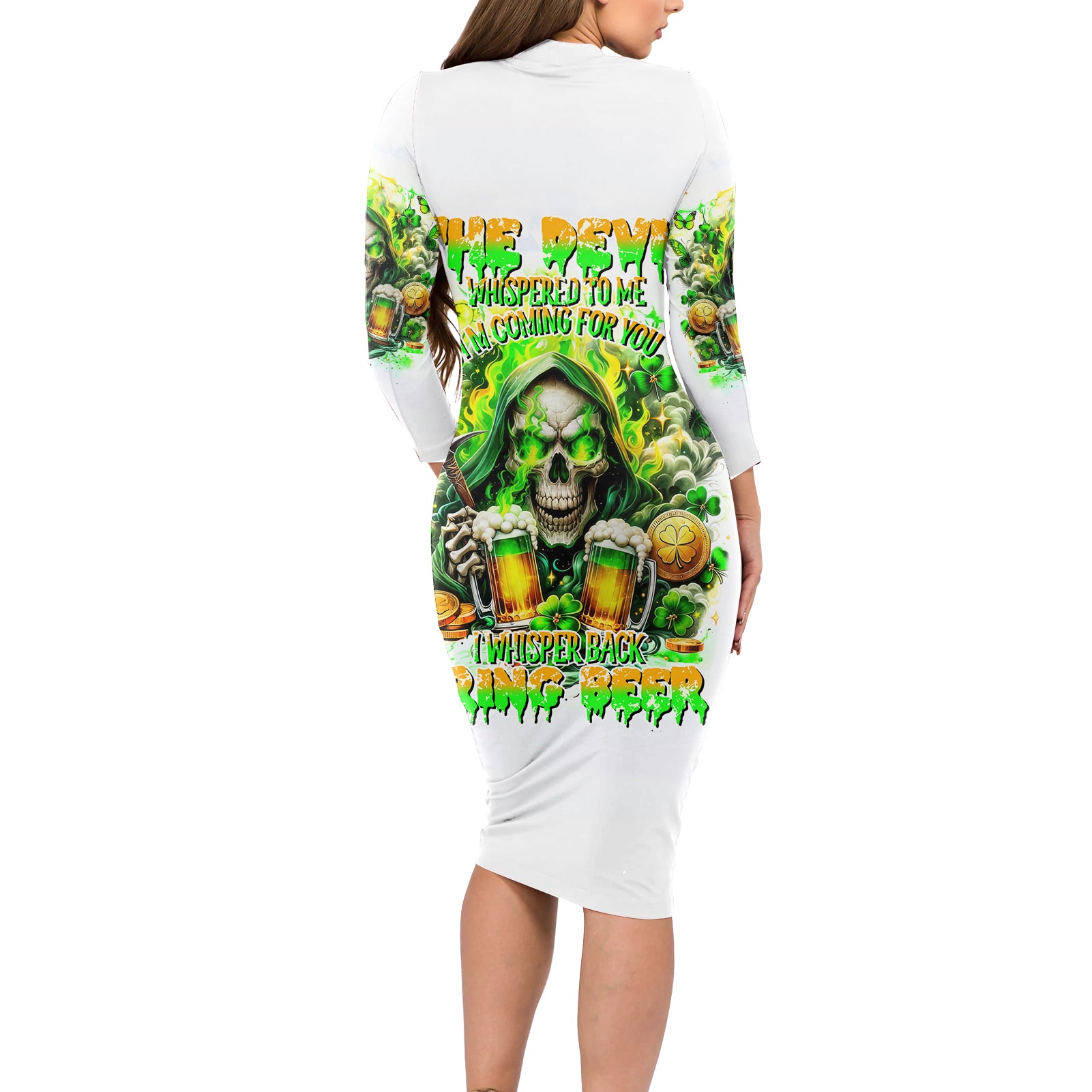 Irish Skull Long Sleeve Bodycon Dress I Whisper Back Bring Beer - Wonder Print Shop