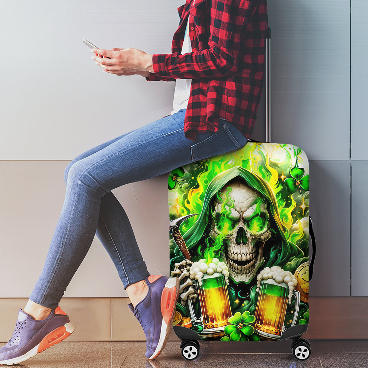 Irish Skull Luggage Cover I Whisper Back Bring Beer - Wonder Print Shop