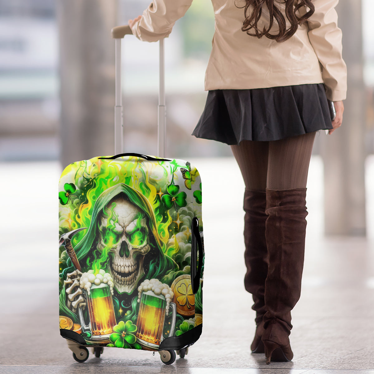 Irish Skull Luggage Cover I Whisper Back Bring Beer - Wonder Print Shop