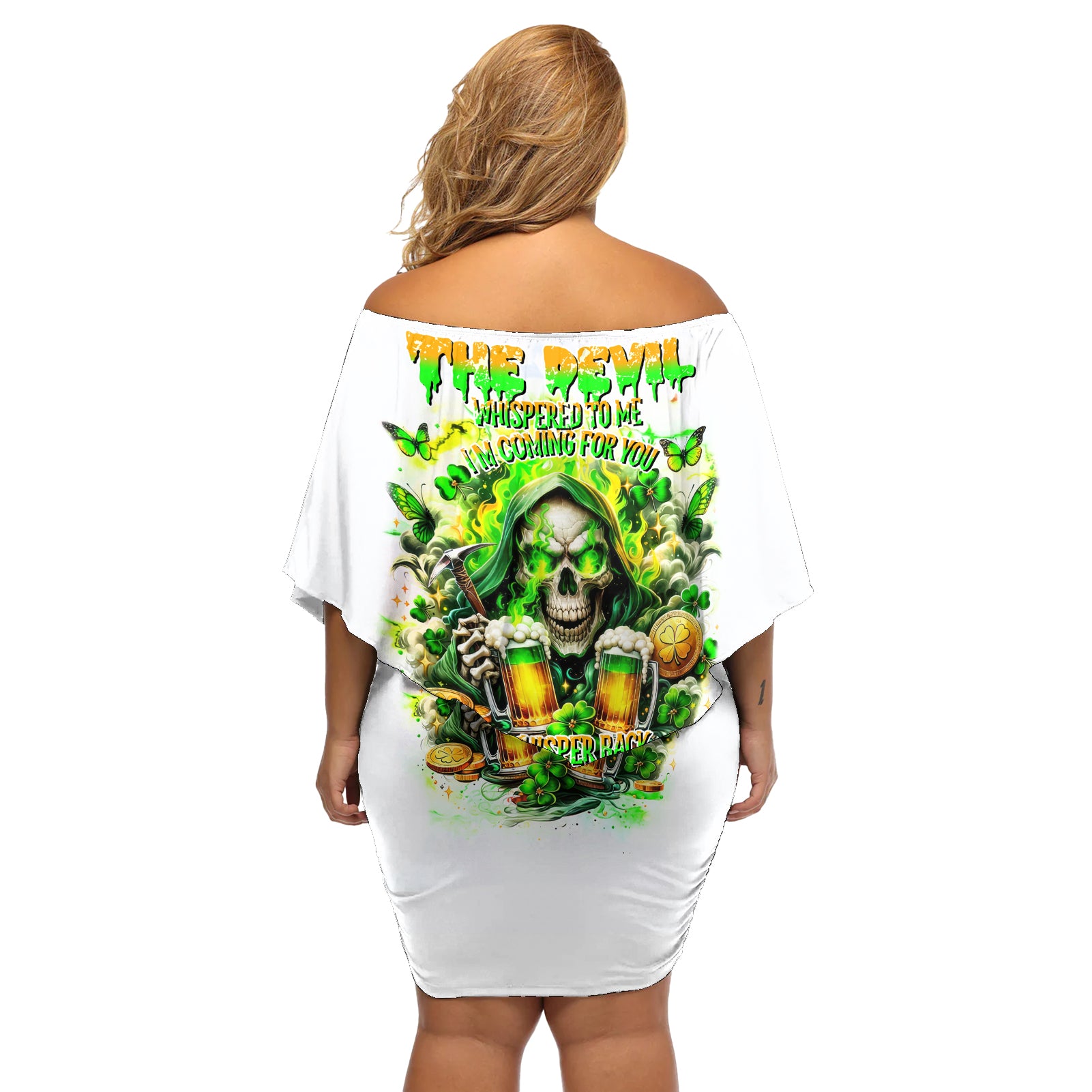 Irish Skull Off Shoulder Short Dress I Whisper Back Bring Beer - Wonder Print Shop