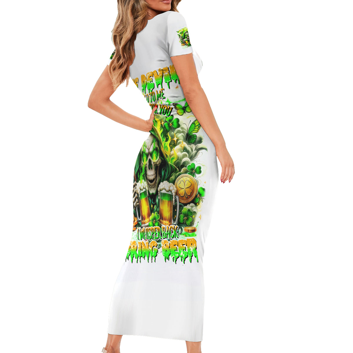 Irish Skull Short Sleeve Bodycon Dress I Whisper Back Bring Beer - Wonder Print Shop