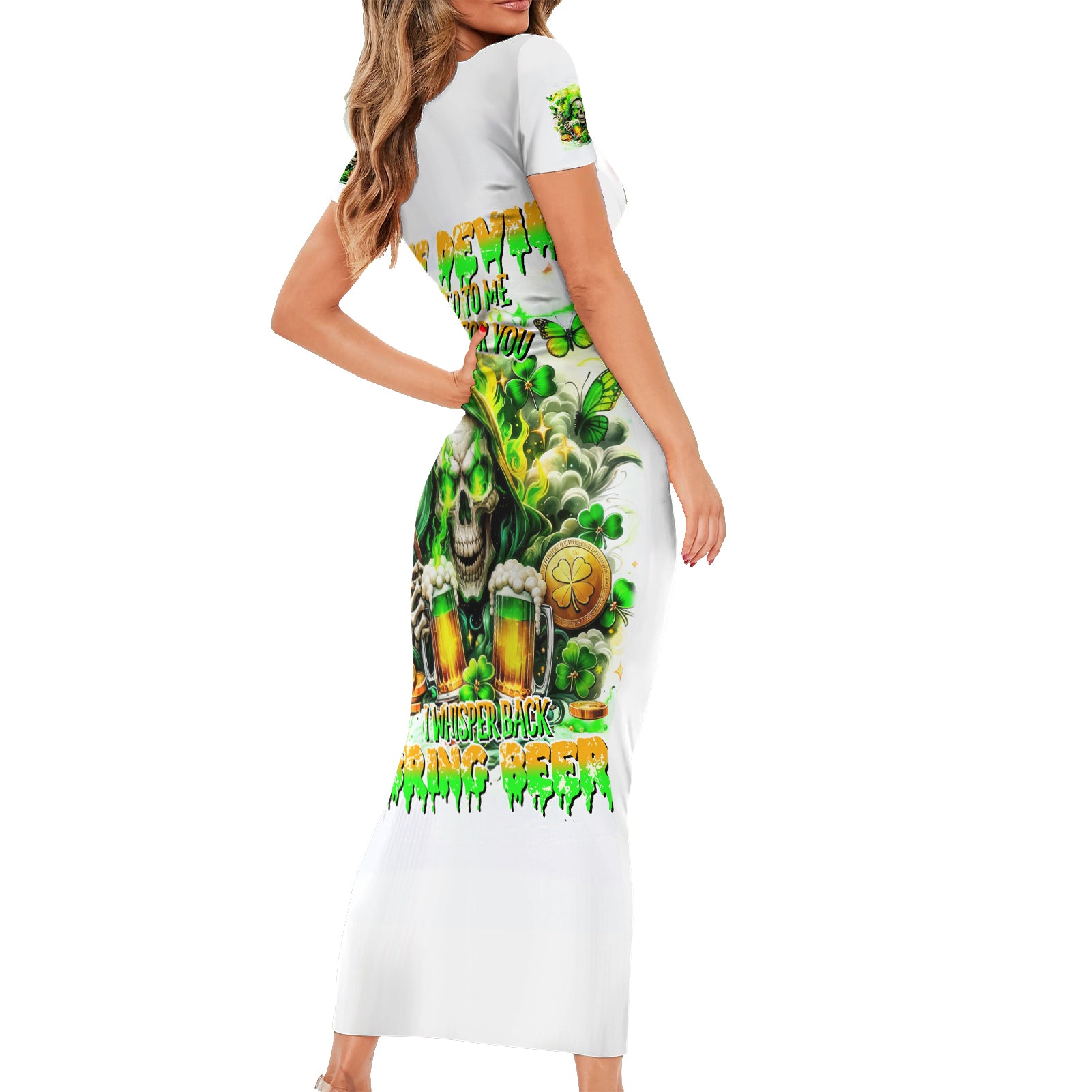 Irish Skull Short Sleeve Bodycon Dress I Whisper Back Bring Beer - Wonder Print Shop