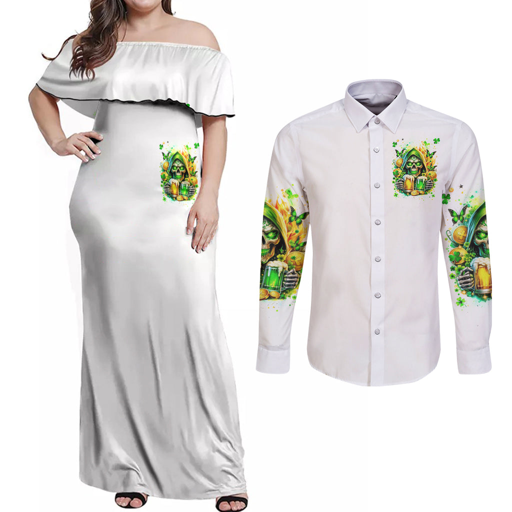 Irish Skull Couples Matching Off Shoulder Maxi Dress and Long Sleeve Button Shirt To Wash Down Another Beer To Wash Down This Beer - Wonder Print Shop