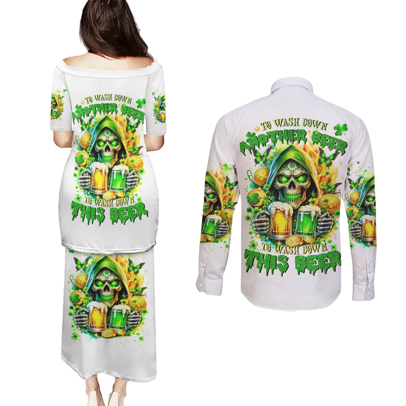 Irish Skull Couples Matching Puletasi and Long Sleeve Button Shirt To Wash Down Another Beer To Wash Down This Beer - Wonder Print Shop
