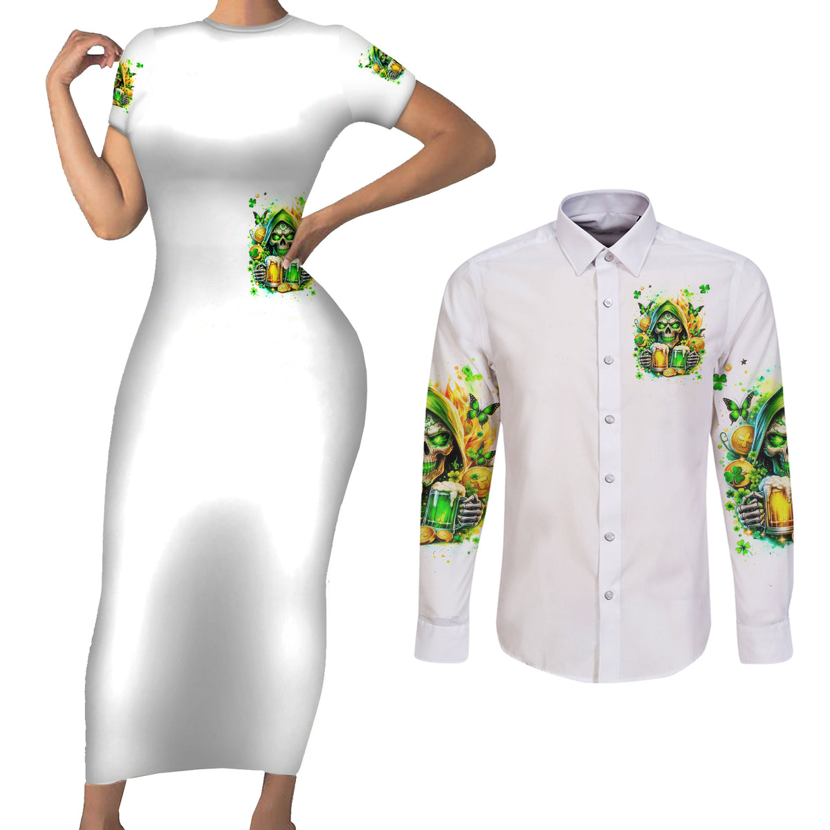 Irish Skull Couples Matching Short Sleeve Bodycon Dress and Long Sleeve Button Shirt To Wash Down Another Beer To Wash Down This Beer - Wonder Print Shop